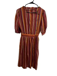Vintage 80s Striped Button Front Puff Sleeve Midi Dress Colorful Retro Indie - Picture 1 of 7