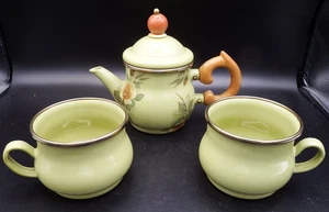 MacKenzie Childs Green Floral Enamel Teapot w/ 2 cups EXC!! - Picture 1 of 6