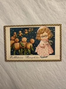 Antique 1925 Winsch Schmucker Halloween Postcard Checkered Border Big Eyed Girl - Picture 1 of 6