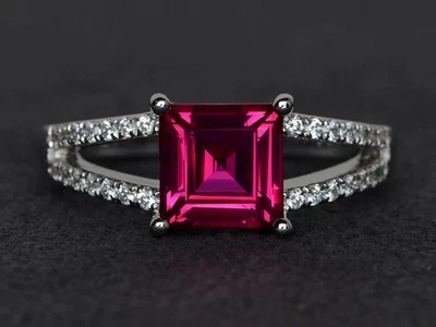 925 Sterling Silver Pink Ruby Lab Created Women Modern Ring US Duty Free - Image 1 of 4