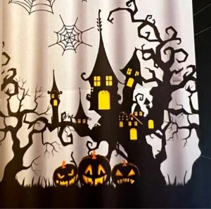 HALLOWEEN HAUNTED TREEHOUSE MOONLIGHT MANOR PEVA SHOWER CURTAIN GROMMETS BATS - Picture 1 of 9