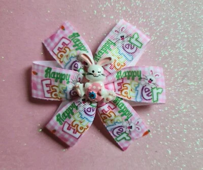 Handmade Easter Grosgrain Ribbon Hair Bow Clip with Easter Bunny Resin - Image 1 of 3