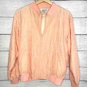 lew magram Vintage 100% Silk Peachy Pink Quilted Pearl Bomber Jacket S - Picture 1 of 10