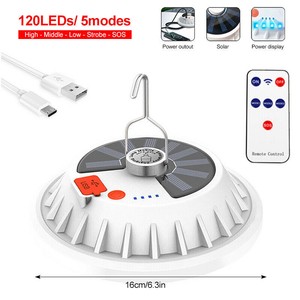 120/60 LED USB+Solar Lantern Rechargeable Hiking Lamp Outdoor Camping Tent Light