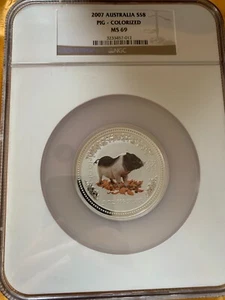 2007 Australia S$8 Pig - Colorized NGC MS69 5 oz Silver Lunar Zoadiac Coin - Picture 1 of 6