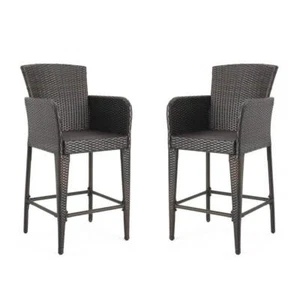 Noble House Bar Stool Modern Iron Frame Anaya Faux Rattan Outdoor Patio (2-Pack) - Picture 1 of 7