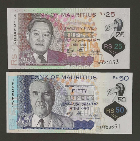 MAURITIUS 25 + 50 Rupees 2021, P-64b 65b New Dates Polymer Set, UNC Uncirculated Cover