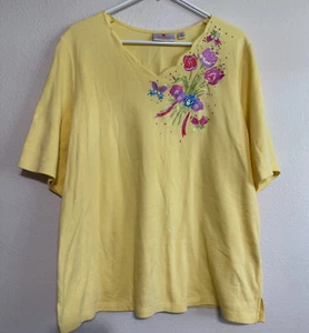 Quacker Factory Shirt Women XL Yellow Embroidered Bead Scallop V-Neck Flowers - Picture 1 of 7