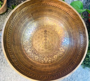 Tibetan Singing Bowl Yogi Chakra symbols Etched Sound Therapy 18 inches - Picture 1 of 3