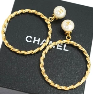 CHANEL CC Logos Pearl Round Twist Hoop Clip-On Earrings Gold Tone 97P Auth w/Box - Picture 1 of 6