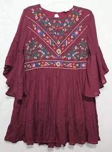 Umgee Boho Hippie Burgundy Dress Tunic Lined Embroidery Front Sz L Bell Sleeves - Picture 1 of 9