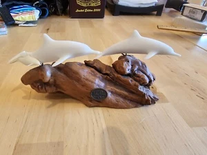 John Perry Sculpture White Dolphins On Burled Driftwood Mom, Dad and Baby - Picture 1 of 13