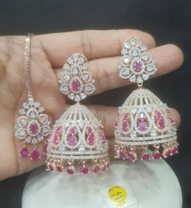 Bollywood Style Indian Cubic Zirconia Earrings Tikka Set Multicolour Jewelry Set - Picture 1 of 6