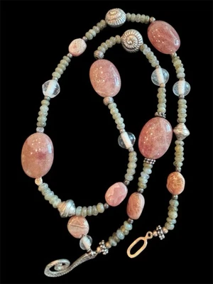 24” Sterling Silver Stone Bead Necklace Boho Pink Green Quartz Jasper 925 - Image 1 of 4