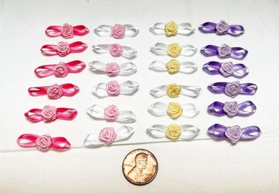 24 Mini Tiny Satin Ribbon Roses w/Bow Lilac/Purple Pink/White Yellow/Whte Pink/P - Image 1 of 4