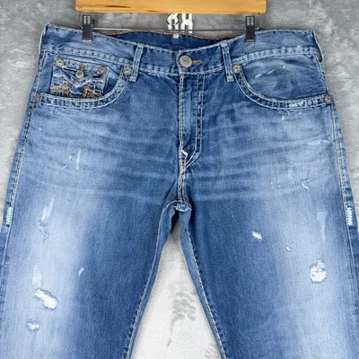 Vtg True Religion Ricky Flap Pocket Straight Leg Distressed Jeans Mens 39x33 USA - Image 1 of 4