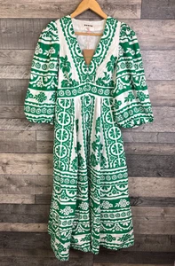 Boden Maxi Dress Size UK 4 Green Floral Lola Blouson Linen Pockets Holiday Flare - Picture 1 of 13