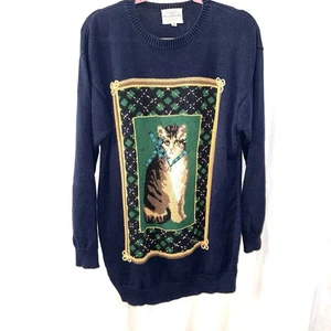 Vintage Susan Bristol Pullover Katze mit Glocke Design dunkelblau Größe M - Bild 1 von 9