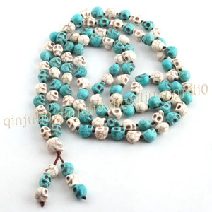 White Blue Turquoise Carve Skull 108 Prayer Beads Tibet Buddhist Mala Necklace - Picture 1 of 6