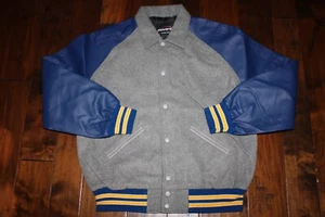 Powers Varsity Jacket Men's BLUE GREY Wool Blend Lined Pockets Snap SMALL RAMS - Picture 1 of 2