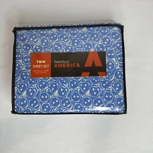 Juego de sábanas Perry Ellis American Twin Skull 200 hilos azul/blanco nuevo raro - Imagen 1 de 8