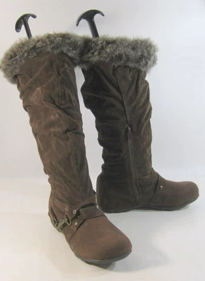 Sexy Bota Rodilla Bambú Marrón Oscuro 2" Tacón Cuña Hebilla Lateral MUJERES Talla 6.5 Foto 1 de 4