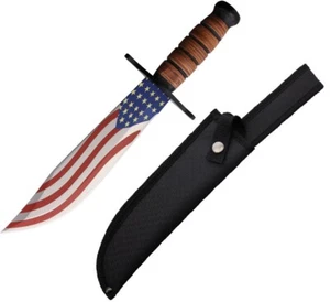 American Flag Fixed Knife 9.25" Stainless Blade Stacked Leather Handle - Picture 1 of 3