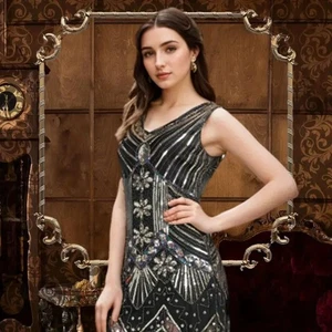 Sequin Dress 1920s Sequin Beaded V Neck Fringed Dress & 20s Accessories Set Lg - Picture 1 of 4