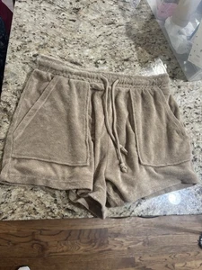 ZARA Terry Cloth Khaki Draw String Sz Medium  Shorts - Picture 1 of 5