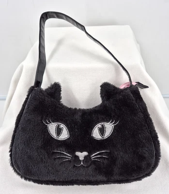 Cartera de mano negra de piel sintética y charol bordada con cara de gato de gatito Foto 1 de 4