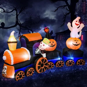 9 Feet Halloween Inflatable Train with Kittens White Ghosts/Pumpkin with LED Lig - Picture 1 of 9