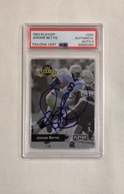 Tarjeta de novato firmada por Jerome Bettis RC 1993 PLAYOFF #294 HOF PSA AUTO 9 Foto 1 de 2