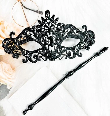 Masquerade Mask with Stick, Black Crystal Mask, Black Mask, Prom Masquerade Mask - Image 1 of 4