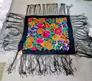 Vintage Russian Floral Black Scarf Pavlovo Posad Shawl Wrap kerchief 35x35" - Picture 1 of 12