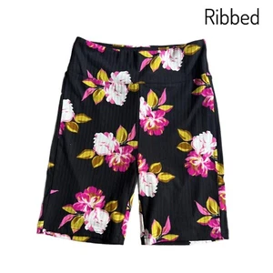 2XL BIKER SHORTS LuLaRoe ~ BLUMENMUSTER auf SCHWARZ ~ Gr. 22-24; gerippt - Bild 1 von 2