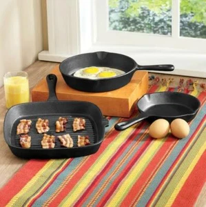 3 Piece Pre-Seasoned Cast Iron Skillet and Grill Pan Set 2 Round & 1 Square Gril - Picture 1 of 1