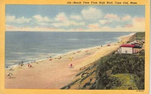 Postal MA: Vista a la playa desde High Bluff, Massachusetts, lino vintage años 40 - Imagen 1 de 2