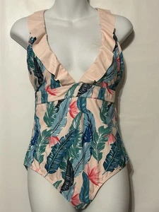 Tropical Print Rüschen Einteiler Badeanzug Neu Large Rosa Federn Rücken gebunden - Bild 1 von 6