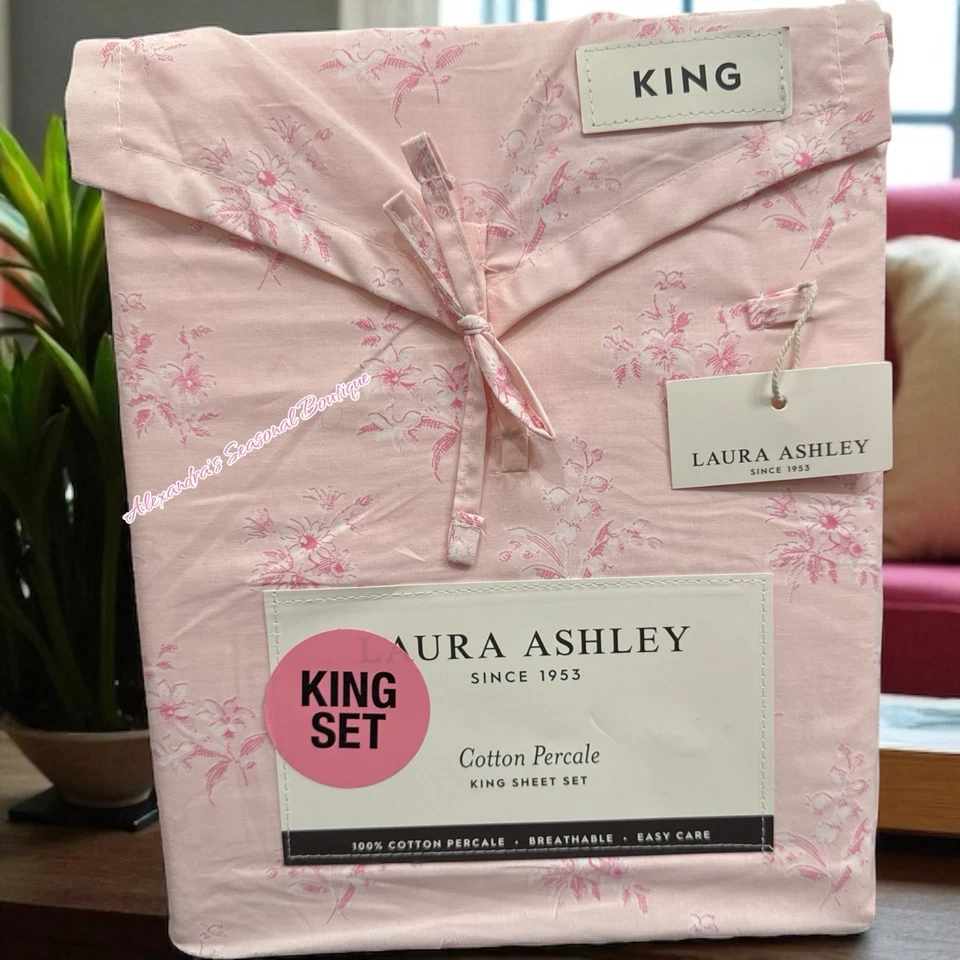 LAURA ASHLEY Victorian Bouquet Pink Floral KING SHEET SET 4P NEW COTTON PERCALE - Image 1 of 4