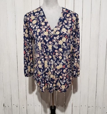 Top Two Vince Camuto S Azul Floral Cuello Dividido Manga 3/4 Tejido Elástico Para Mujer Foto 1 de 4