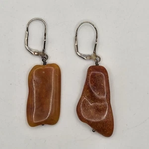 Vtg Sterling Silver & Baltic Amber Leverback Dangle Earrings 4.3g Chunky Natural - Picture 1 of 10
