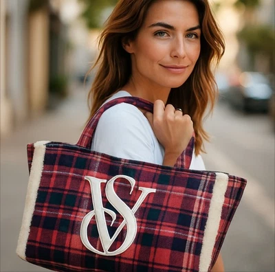 VICTORIA'S SECRET Red Plaid Holiday VS LOGO Plaid Tote Bag White Fur Limited - Image 1 of 4