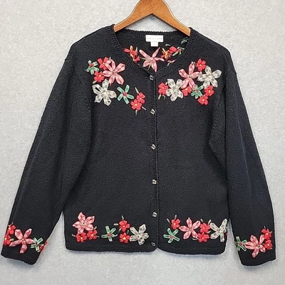 NORTHERN ISLES Vintage Women XL Holiday Poinsettia Ribbon Black Cardigan Sweater - Image 1 of 4