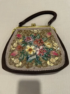 Cartera vintage con cuentas de punta de aguja años 50 bolso marrón terciopelo floral cartera pinup Foto 1 de 4