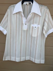 Vintage 1970s Disco Mi’ Lord Mens white Brown Short Sleeve Polo Shirt XL sheer - Picture 1 of 6