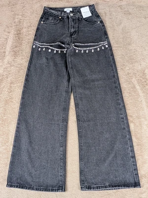 Forever 21 Premium 24 Women's Washed Black Jeans Rhinestone Slits NWT (26 x 31) - Image 1 of 4