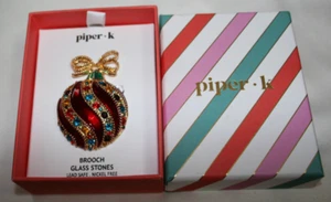Christmas Ornament Brooch Red Enamel Green & Red Glass stones 2" long Piper K - Picture 1 of 1