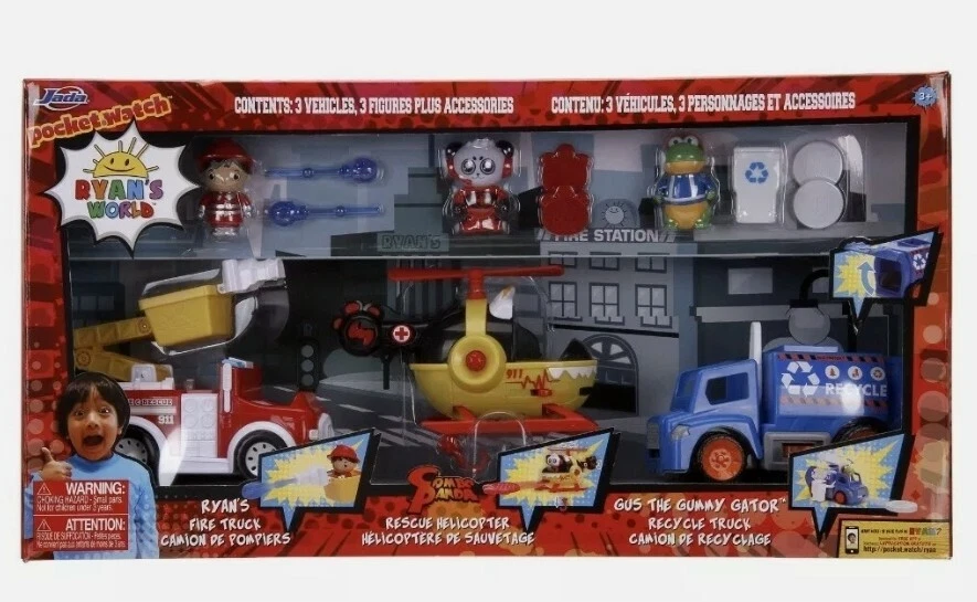 Ryans World Collection Value Pack Set Firetruck Helicopter Recycle Truck Combo