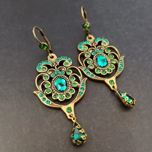 Michal Negrin Earrings Royal Green Crystals Large Art Nouveau Revival Cocktail - Picture 1 of 14