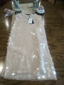Zara Woman Beige Nude Round Sequin Sleeveless Strips Midi Dress Sz XS 8459/864 - Picture 1 of 5